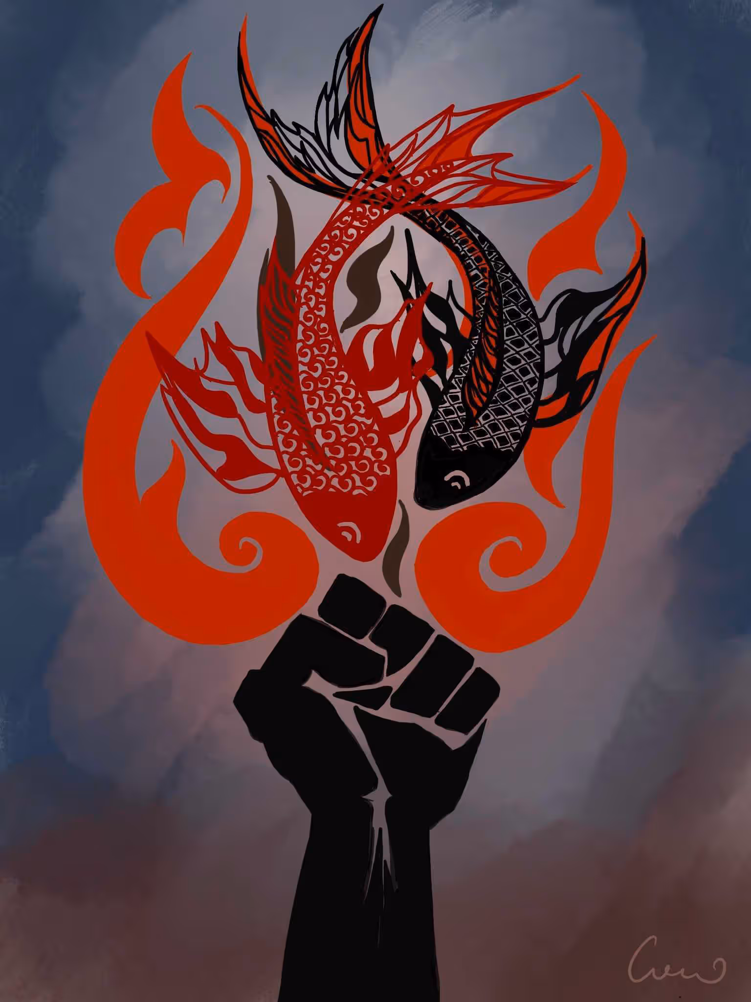 BLM Mural in Oakland, raised fist intertwined with a koi fish