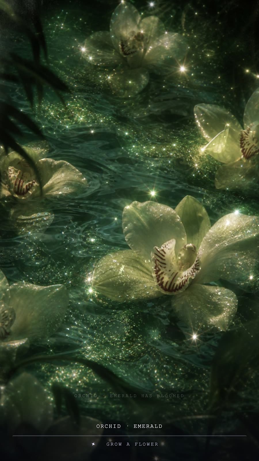 An emerald orchid freshly bloomed into glass, the message orchid emerald has bloomed fading on the water