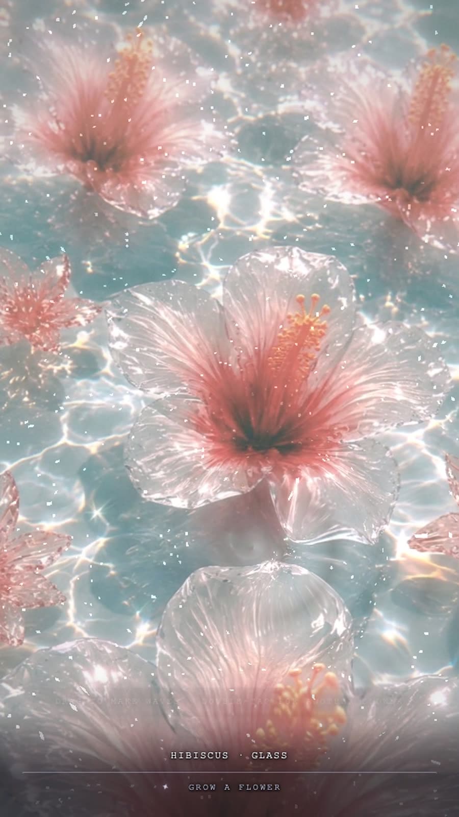 A translucent glass hibiscus floating among other glass flowers on rippling water
