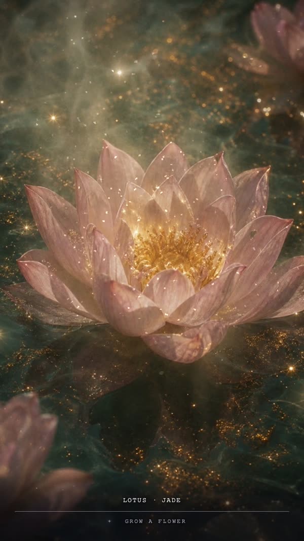 A single jade lotus glowing gold at its center, reflected in dark water