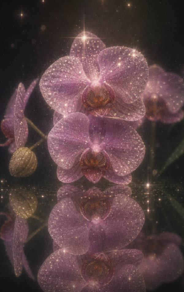Violet orchids studded with light, mirrored in the still water beneath them