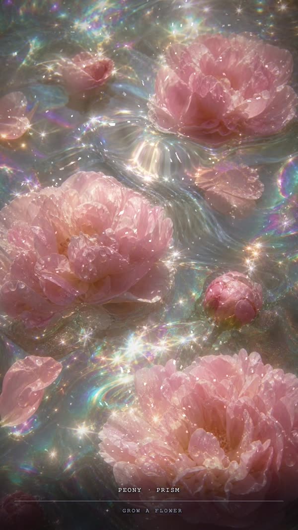 A prism peony, glass petals splitting light into rainbow refractions on the water