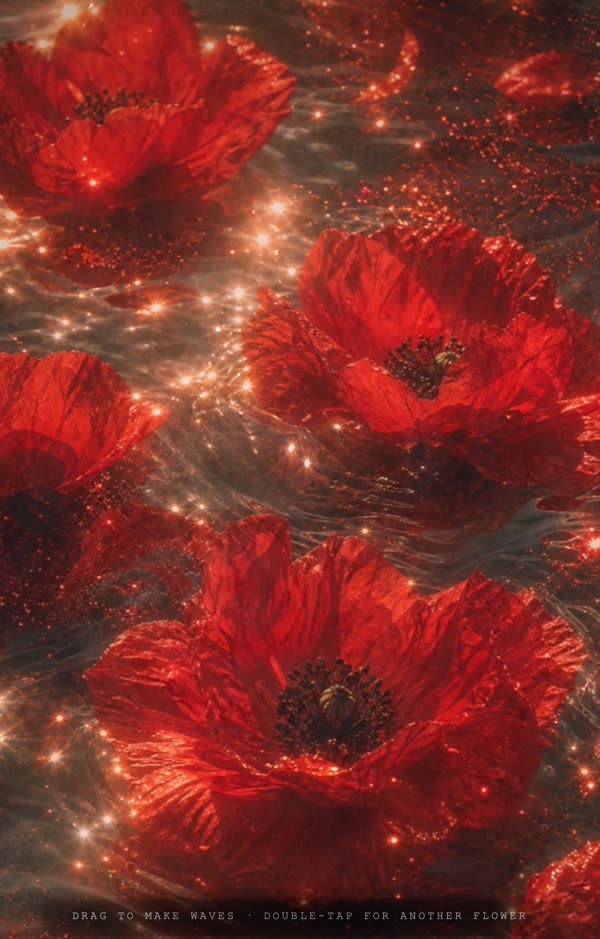 Scarlet poppies with dark centers, glinting on the water's surface